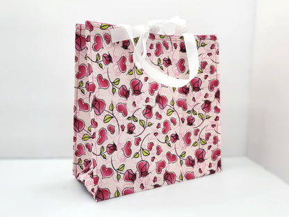 Small Reusable Fabric Valentine's Day Gift Bag with Ribbon tie and handles, Roses and Hearts