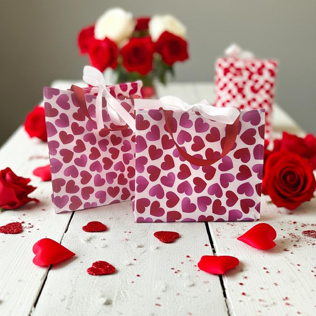 Small Reusable Fabric Valentine's Day Gift Bag with Ribbon tie and handles, Big Hearts
