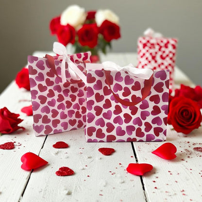 Small Reusable Fabric Valentine's Day Gift Bag with Ribbon tie and handles, Big Hearts