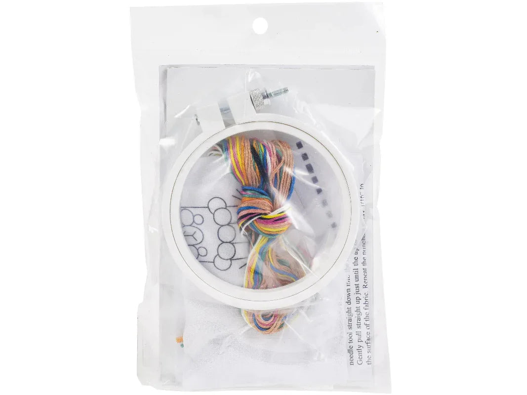 Packaged circular item with colorful strings inside on a white background