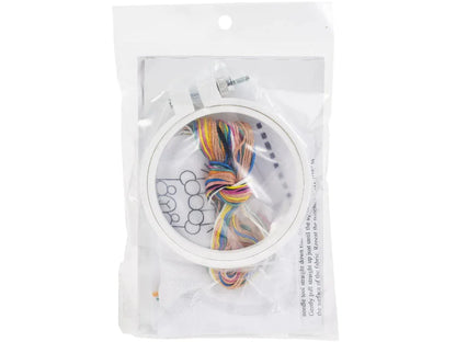 Packaged circular item with colorful strings inside on a white background