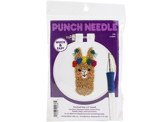 Punch needle craft kit with llama design on a white background