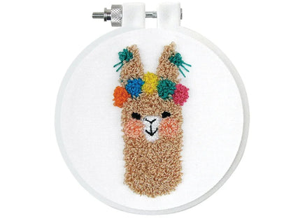 Embroidery hoop with a llama design and colorful flowers on a white background