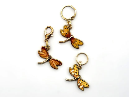 Orange Dragonfly Stitch Markers | Enamel Charm Stitch Markers 3pc