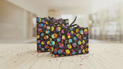 Small Fabric Birthday Gift Bag, bright cupcakes on black