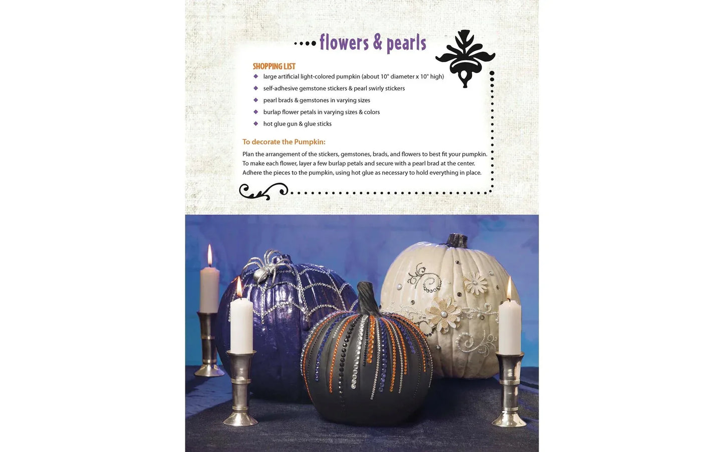 Decorative pumpkins and candles on a table with a shopping list for 'flowers & pearls' above.