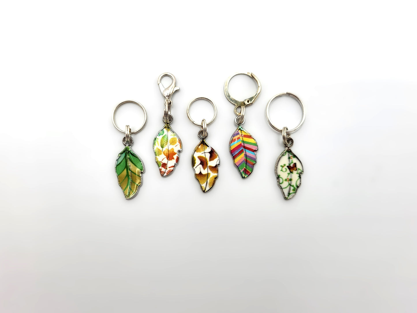Mixed Print Leaf Stitch Markers | Enamel Charm Stitch Markers 5pc