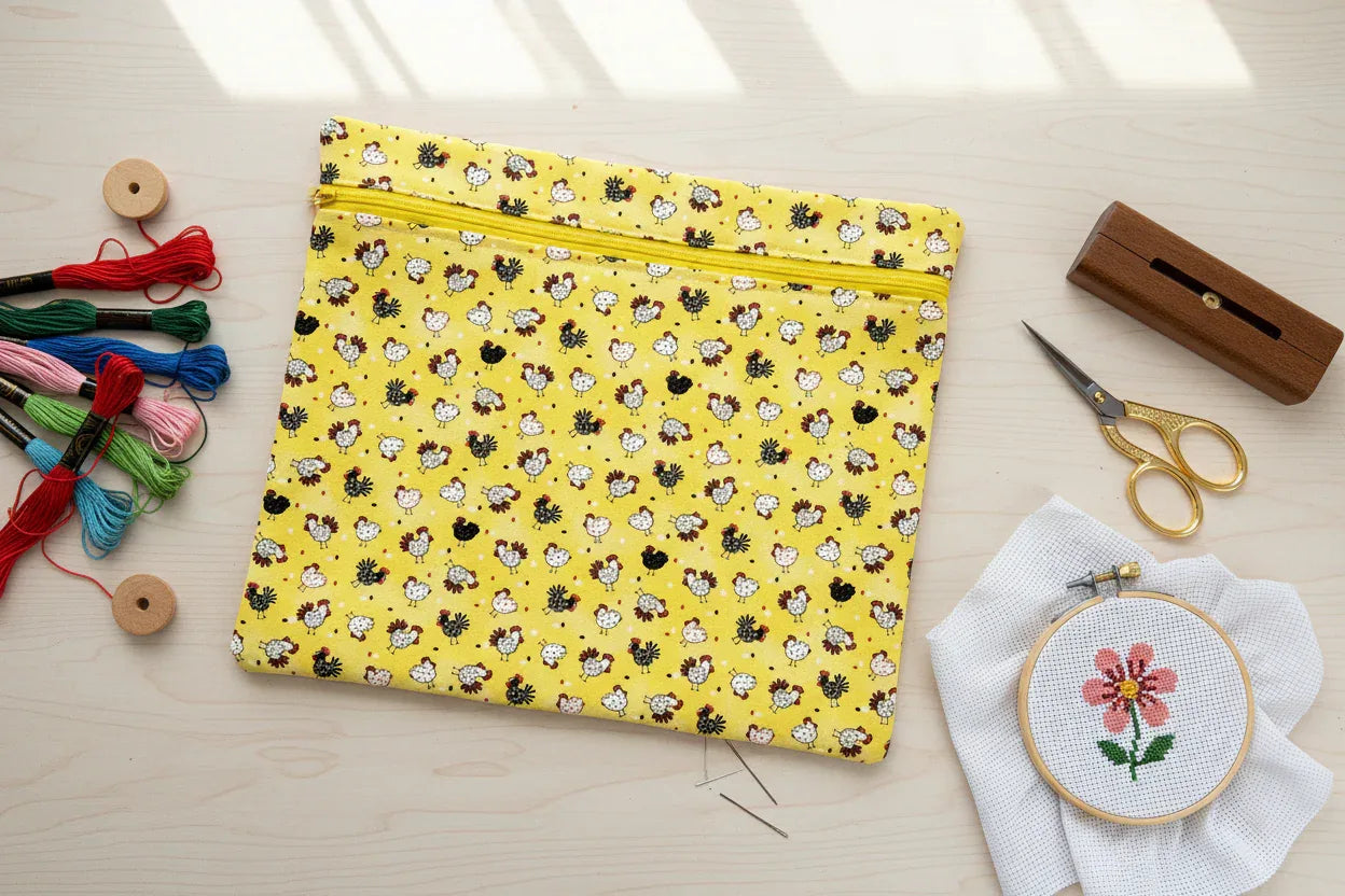 Square project bag flat lay with cross stitch supplies