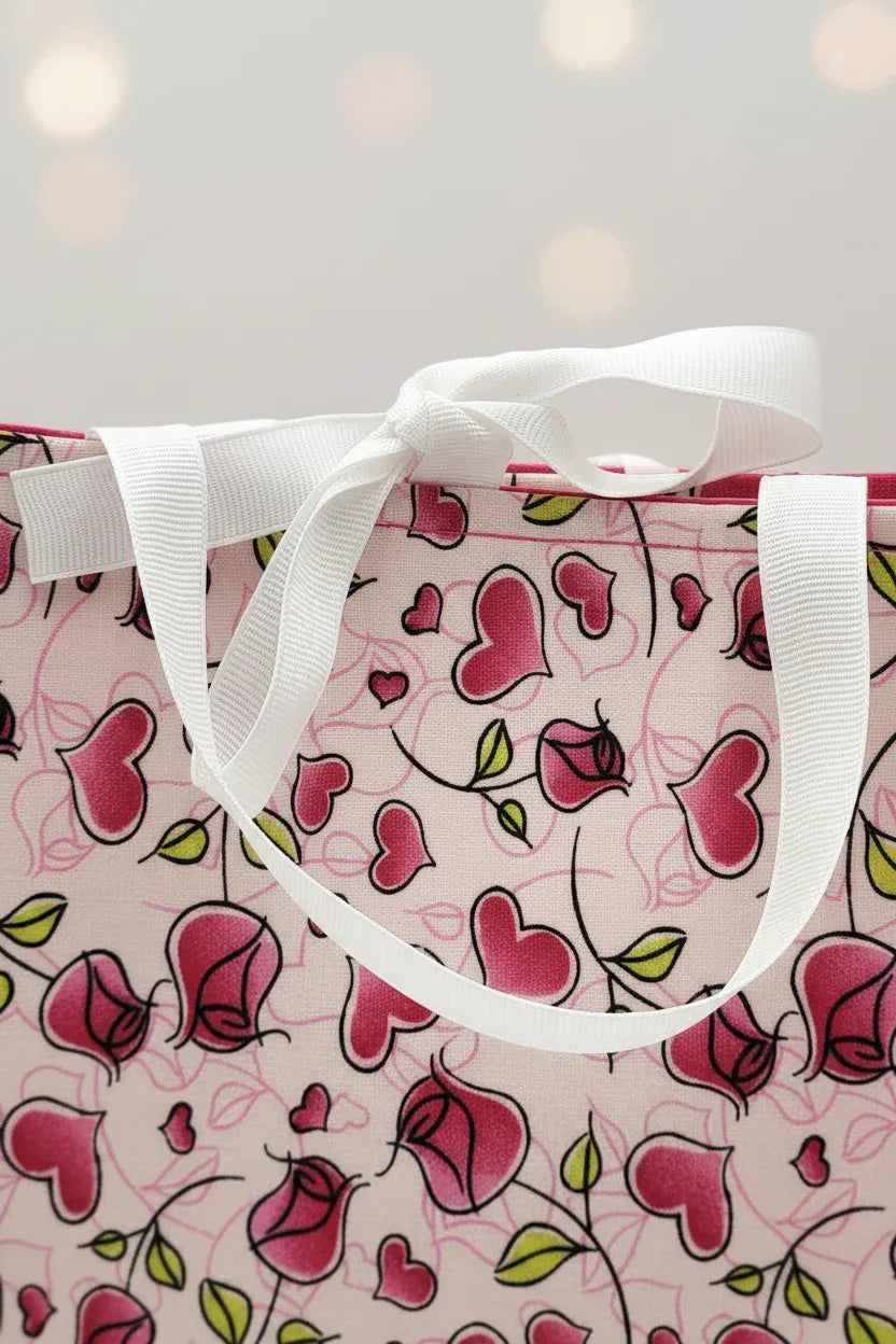 Small Fabric Gift Bag, Valentine's Day Roses and Hearts