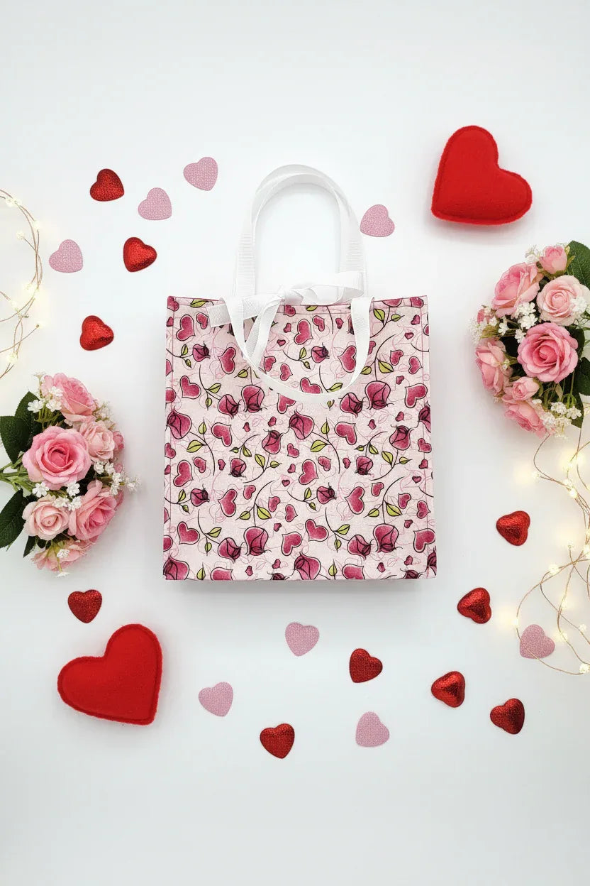 Small Fabric Gift Bag, Valentine's Day Roses and Hearts