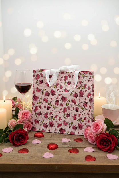 Small Fabric Gift Bag, Valentine's Day Roses and Hearts