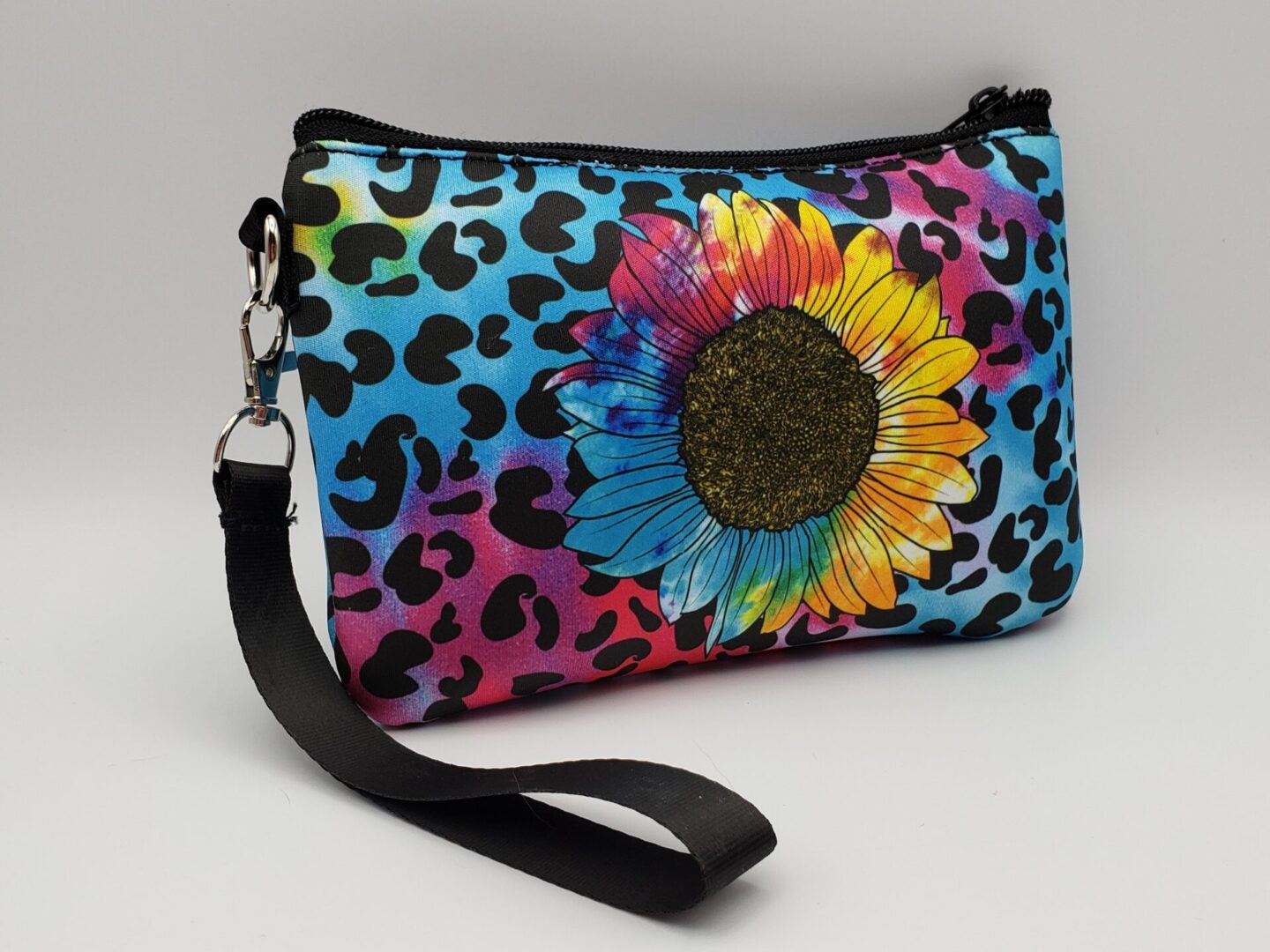 Neoprene Wristlet Pouch, Colorful Sunflower and Leopard print