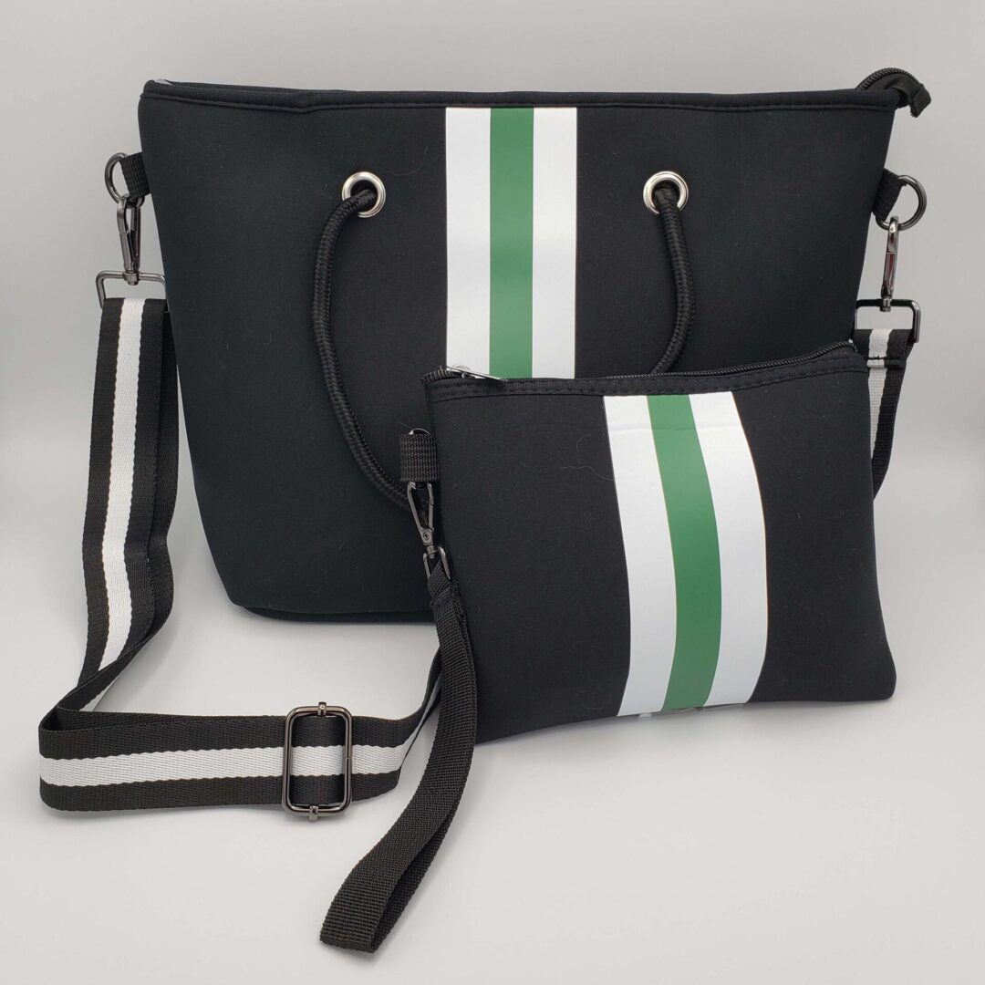 Medium Neoprene Tote Bag and Wristlet Pouch - Black with White and Green Stripe