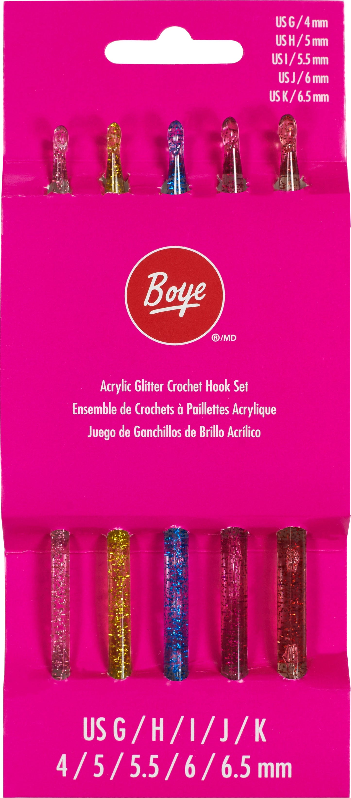 Acrylic Boye Crochet Hook Set 5 pieces - Sizes G, H, I, J, K Glitter