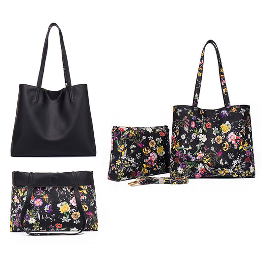 Reversible Floral and Black Tote Bag with matching Pouch