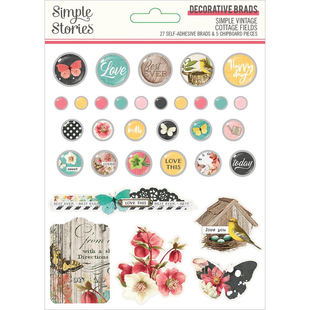 Simple Stories, Simple Vintage Cottage Fields Decorative Brads, 27 self-adhesive brads and 5 chipboard pieces