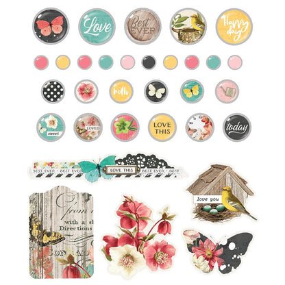 Simple Stories, Simple Vintage Cottage Fields Decorative Brads, 27 self-adhesive brads and 5 chipboard pieces