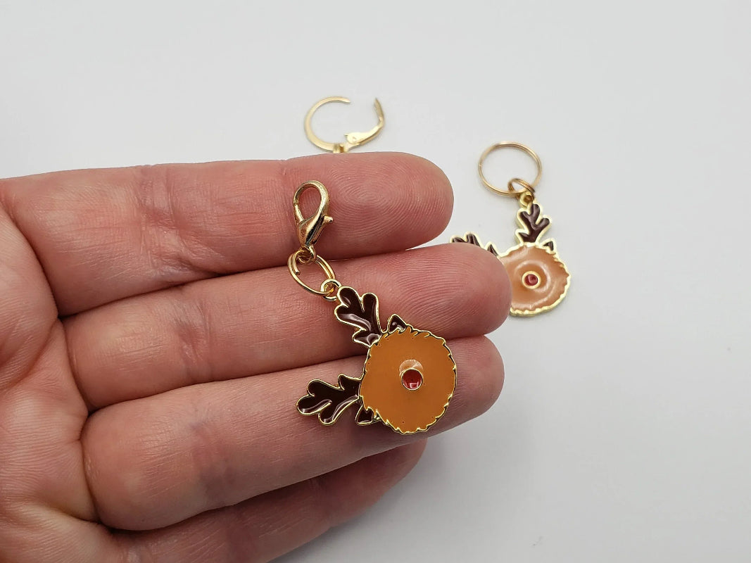 Fuzzy Reindeer Stitch Markers | Enamel Charm Stitch Markers 3pc