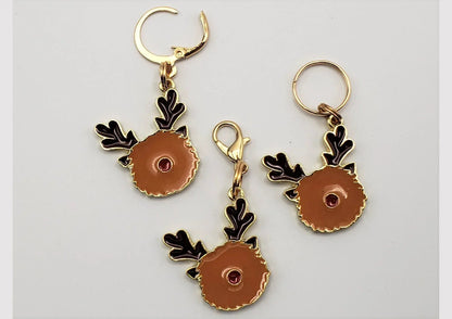 Fuzzy Reindeer Stitch Markers | Enamel Charm Stitch Markers 3pc