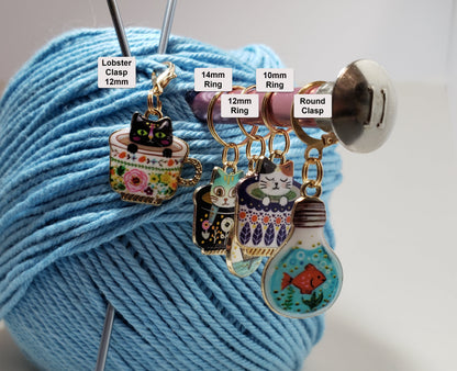 Cat Stitch Markers for Knitting, 3 or 6pc Teacups and Bulbs | Crochet stitch marker, progress keeper, project bag charms, crochet accessory