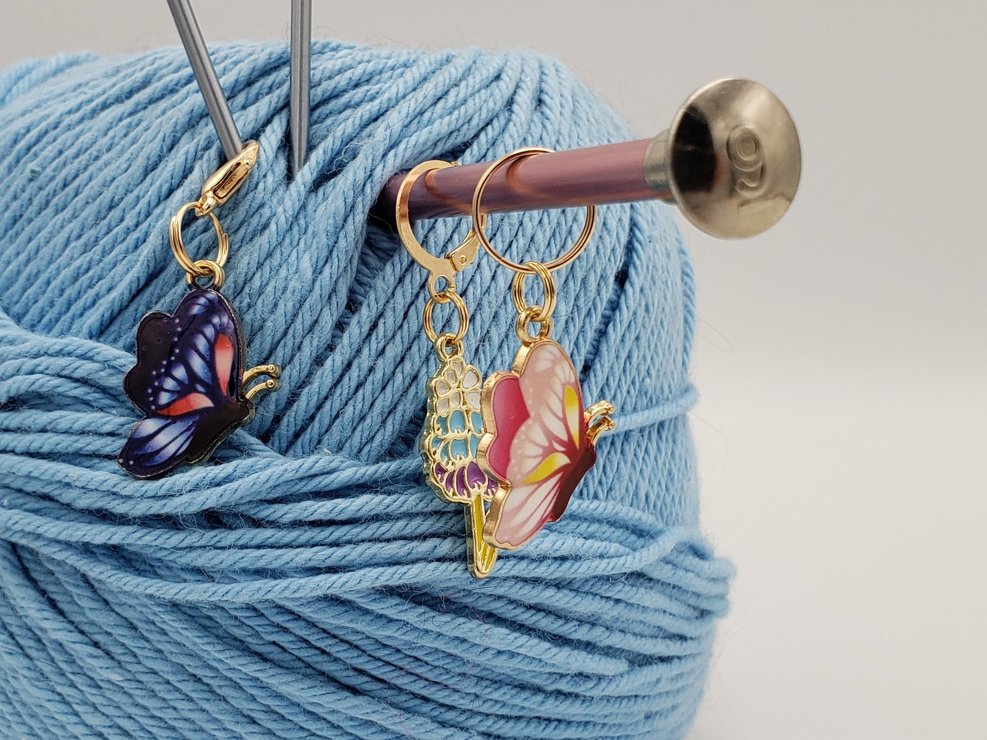 Butterfly Stitch Markers for Knitting, 3pc, butterflies and hyacinth flower | Crochet stitch marker, progress keeper, crochet accessories